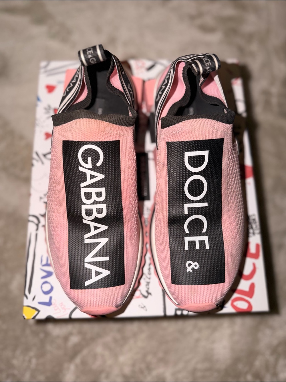 Dolce & Gabbana Pink Knit Logo Slip-On Sneakers